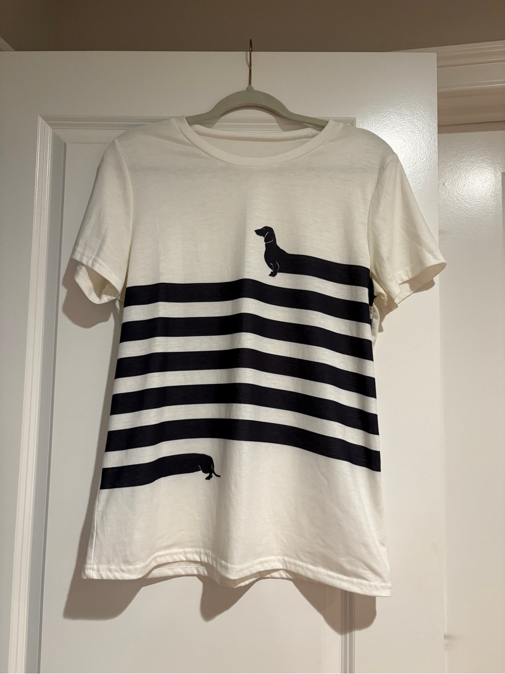 Women’s Cream Tee with Black Stripe & Dachshund Motif